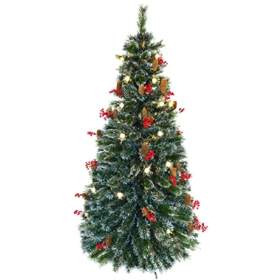 Image of Christmas Concepts® 6ft (1.8M) Frosted Green LED Fibre Optic Tree Warm White Lights, Berry + Pinecone Decoration Energy Class A+++