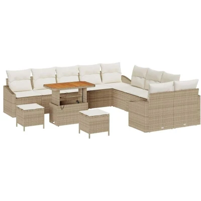 Image of vidaXL 13 Piece Garden Sofa Set with Cushions Beige Poly Rattan Acacia