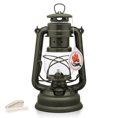 Image of Feuerhand 276 Outdoor Hurricane Oil Lantern German Made Since 1893, Paraffin Lamp with Galvanized Steel, Rust Resistant Kerosene Lantern, 300ml Tank, 20 Hour Burn, Safe Hanging or Table Use, Olive