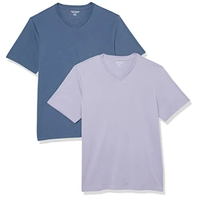 Image of Amazon Essentials Men&#039;s Short Sleeve V Neck T Shirts, Pack of 2, Washed Blue/Lavender, L