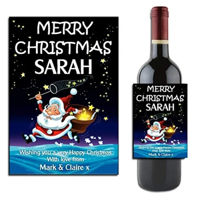 Image of Personalised Merry Christmas Santa Wine Champagne Bottle Label Xmas Stocking Filler Gift Idea for him her N47