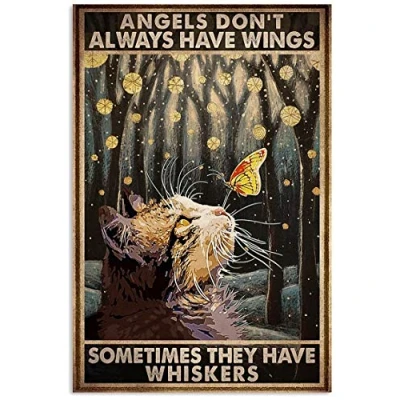 Image of LINQWkk Vintage Wall Poster Metal Plaque,Cat Angels Don&#039;t Always Have Wings, Art Poster, Retro Style, Funny Cat, Plaque for Home Kitchen Bar Coffee Shop 8x12inch