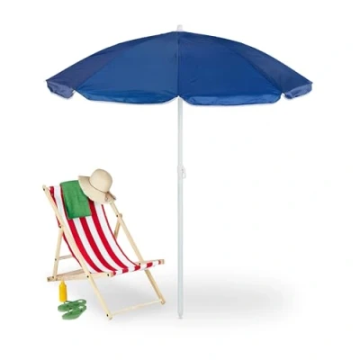Image of Relaxdays Parasol, Ø 160cm, Height Adjustable, Foldable, Camping, UV Protection, Round Beach &amp; Balcony Umbrella, Blue, Polyester, 185 x 160 cm