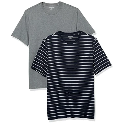 Image of Amazon Essentials Men&#039;s T Shirt Regular Fit Short Sleeve Crewneck Pocket, Pack of 2, Grey Heather/Navy Stripes, XS