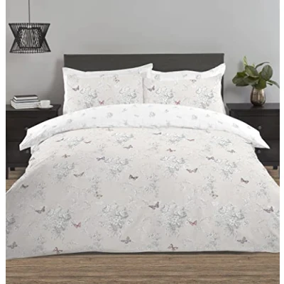 Image of Night Comfort Percale Duvet Cover Set with Pillowcase Butterfly Printed Luxury Cotton Blend Reversible Bed Quilt and Pillow (Beige, Single)