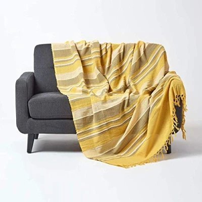 Image of HOMESCAPES Large Yellow Throw “Morocco Cotton Textured Stripe 225 x 255 cm Bedspread Sofa Handmade Suitable for 2 or 3 Seater Sofas Double and King Size Beds Machine Washable