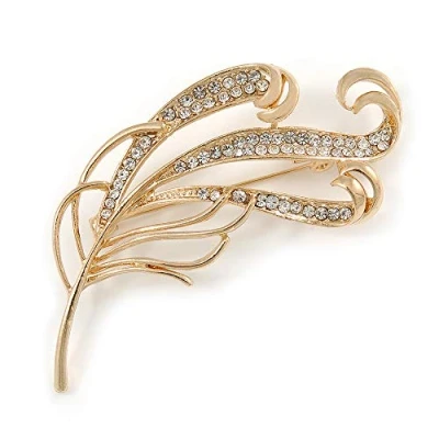 Image of Avalaya Fancy Clear Crystal Leaf Brooch in Gold Tone 70mm L
