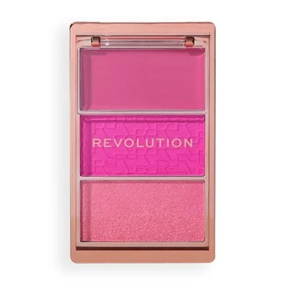 Image of Revolution, Blush Icon Palette, Cream &amp; Pressed Powder Blusher, Highly Pigmented, Face Vegan Cruelty Free, 3 Shades, Hot Pink Flag