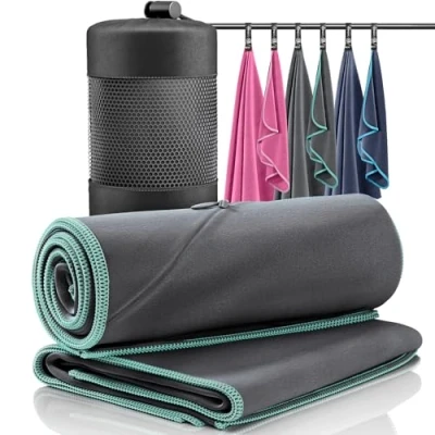 Image of Microfibre Towel Set of 2 + Bag Antibacterial Quick Dry, Lightweight Phone Zip Pocket Large &amp; Small Soft Micro Fibre Towels for Sports Camping Beach Swimming Gym Fitness Travel Outdoor Bath Hair