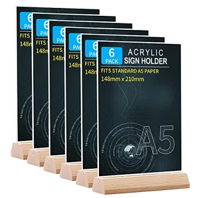 Image of Srvnpioy Acrylic Sign Holders A5 Table Stands (Pack of 6) T Shape Wooden Base Menu for Restaurants School Office Display Menus Poster Document