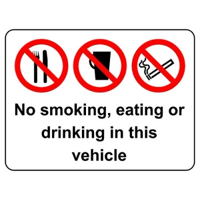 Image of No smoking, eating or drinking in this vehicle Car taxi safety sign Self adhesive sticker 150mm x 100mm