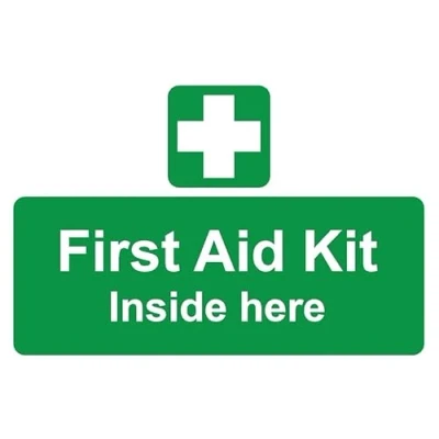 Image of First aid kit inside here safety sign 1mm flexible Plastic (200mm x 150mm)
