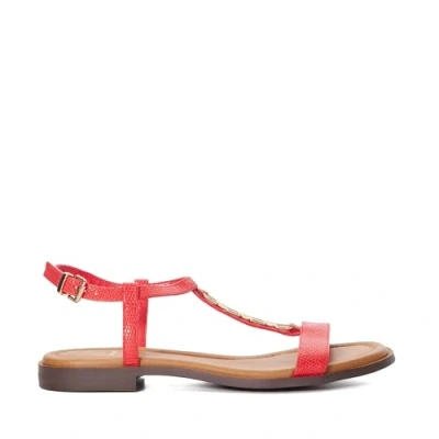 Image of Dune London Womens Ladies Lottys Chain Detail Croc Effect Flat Sandals Red Leather Size UK 3