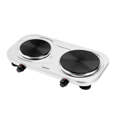 Image of Geepas 2500W Stainless Steel Double Hot Plate Portable Electric Hob Burner with Adjustable Temperature Control, Cast Iron Lightweight &amp; Great to use at Campsites Caravans Bedsits