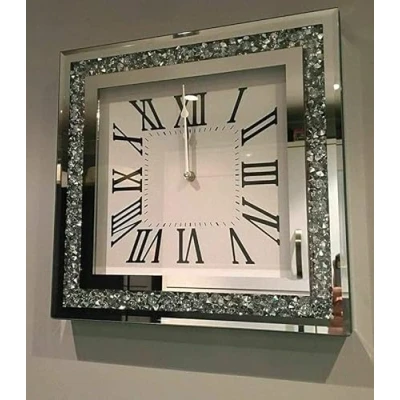 Image of DEENZ SQUARE LOOSE DIAMANTE MIRRORED WALL CLOCK CRUSHED JEWEL ROMAN NUMBER GLASS 35CM