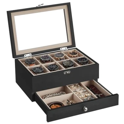 Image of SONGMICS Watch Box with 8 Slots, 2 Tier Wood Case Large Glass Lid, Pillows, Velvet Lining, Jewellery Box, Gift for Loved Ones, Ebony Black JOW008B01