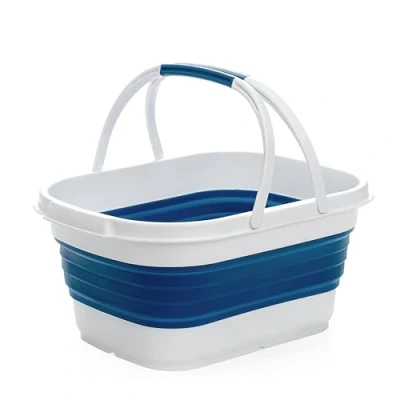 Image of SAMMART 13L Collapsible Basket with Handle Portable Outdoor Picnic Basket/Crater Foldable Shopping Bag Space Saving Storage Container (White/Stone blue, 1)