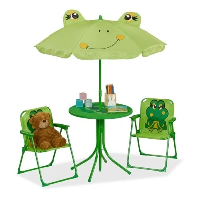 Image of Relaxdays Children’s Camping Furniture Set with Parasol, Folding Chairs &amp; Table, Kids’ Garden Ensemble, Frog, Green, 49.5 x cm