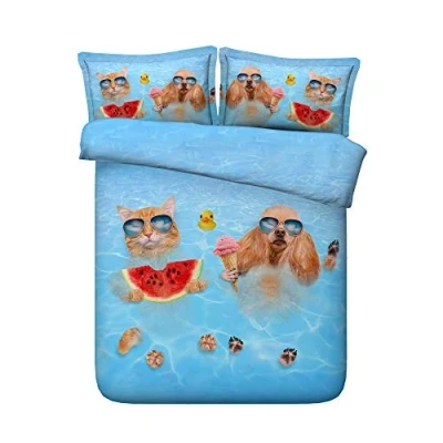 Image of Sticker superb Cute 3D Black Cat Bedding Cover Set with Pillow Case for Children Boy Girl, Swimming Dog Animal White Puppy Duvet Polyester (Cat &amp; Dog, Double 200x200cm)