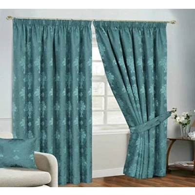 Image of Householdfurnishing Redy Made Luxury Jacquard Fully Lined Curtain Pair Pencil Pleat With Free Tie Backs (Teal Curtain, 66&quot; x L 90&quot;)