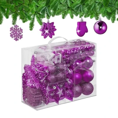 Image of Relaxdays 100x Christmas Ornaments, Baubles, Glittering, Matte &amp; Shiny, Tree Decorations, Plastic, 10 Designs, Pink, 24 x 30 12 cm