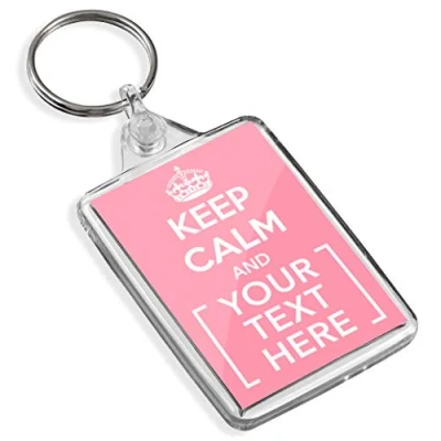Image of Turquoise Keep Calm And Carry On Personalised Custom Text Keyring Key Fob Chain Clear (Light Pink)