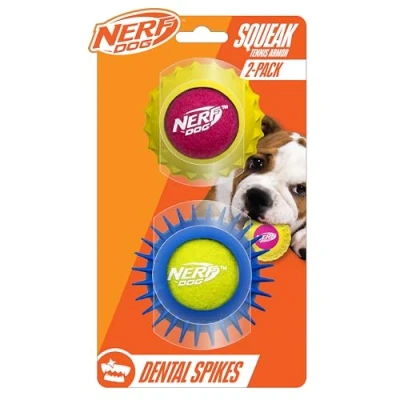 Image of Nerf Dog Tennis Armor Balls with Rubber Squeaker, 2.5 Inch Durable Fetch Toys for Dogs, Yellow Pink/Blue Green (2 Pack)
