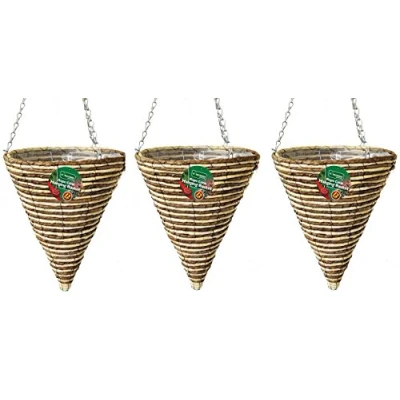 Image of 3 X Kingfisher 30Cm Rope Cone Hanging Lined Basket Chain Wicker Garden Plants