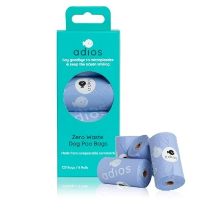 Image of Adios Plastic Biodegradable Dog Poop Bags Extra Thick Compostable Poo Made from Highest Rated EN13432 Certified Cornstarch Leak Proof Waste in Blue Colour 8 Rolls, 120