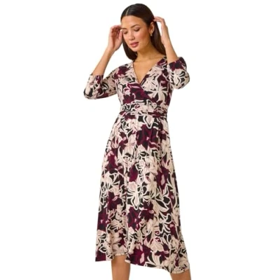 Image of Roman Originals Fit and Flare Dress for Women Ladies Chest Knot Ruched Tea Skater V Neck Formal Occasion Wedding Guest Smart Casual Everyday Wear Swing Midi Knee Length Noir Wine Size 10