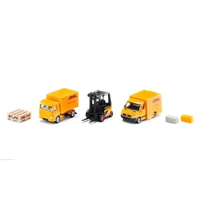 Image of siku 6335, DHL Logistics Gift Set with Truck, Forklift, Parcel Delivery Van, Pallets and Packages, Metal,Plastic, Yellow, Moving Parts