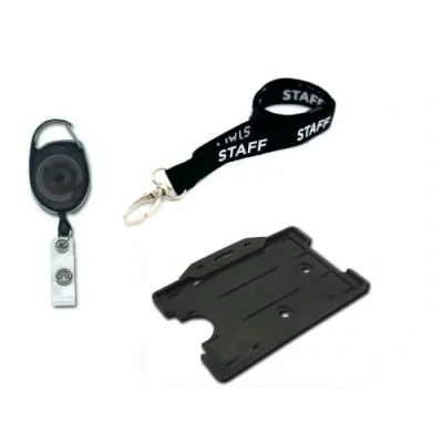 Image of Staff Lanyard Neck Strap with Safety Breakaway 15mm, Badge Pass ID Card Holder Credit Size and Retractable Keyring Premier YoYo Reel (Black Metal x 2)