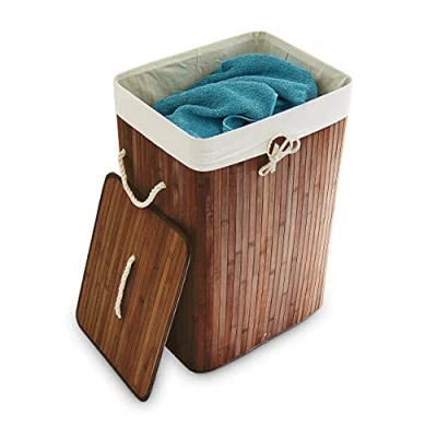 Image of Relaxdays Bamboo Square Hamper 65 cm Tall Folding Laundry Basket Bin 83L Rectangular Black Storage