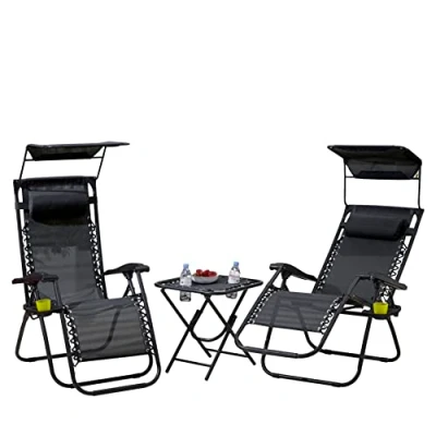 Image of Neo 3pcs Folding Portable Zero Gravity Chairs Sun Lounger Table Set Cup Holders Reclining Garden Patio Outdoor Camping (Black)