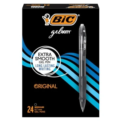 Image of BIC Gelocity Original Black Gel Pens, Medium Point (0.7mm), 24 Count Pack, Retractable Pens With Comfortable Grip