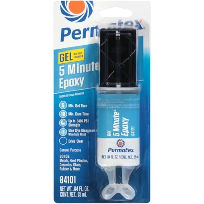 Image of Permatex 84101 5 Minute Epoxy Gel, General Purpose non drip formula for mess free application, Water Resistant shrinking formula, No clamping required 1 x 25ml