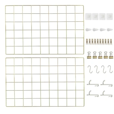 Image of CIKLCIX Metal Grid Wall Panel, Wire Photo Display Organizer, 17.3&quot;x11.8&quot; Gold Board Wall, Picture Frame, 2 Pack Mesh Memo with Clips and Hooks
