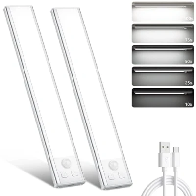 Image of Ylatoial Under Cupboard Kitchen Lights, 2 Pack Cold White 32 LED Dimmable 1000mAh Rechargeable Magnetic Motion Sensor Lights Indoor for Wardrobe Cabinet Shelf