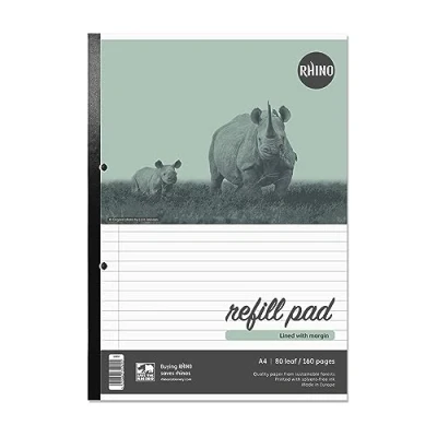 Image of RHINO A4 Refill Pad, Writing 160 Page / 8mm Lined with Margin, 1 Pack, White Hole Punched Side Binding Paper, Office &amp; School Stationery Supplies