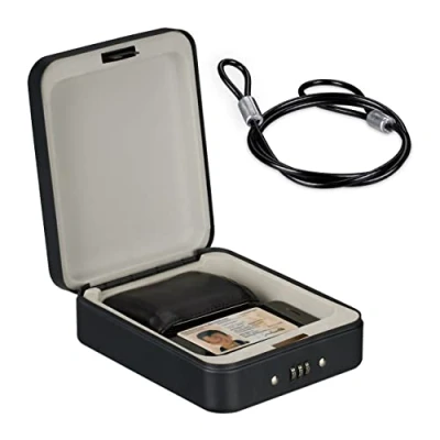 Image of Relaxdays Box, Combination Lock, Portable, Security Cable, Car Safe, H x W D: 6 16 20 cm, Steel, Black