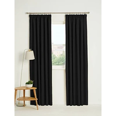Image of Kinfolk Textile Blackout Thermal Pencil Pleat Tape Top Insulated Pair of Curtains Including 2 Tiebacks (Black, 46&quot; x 54&quot;)