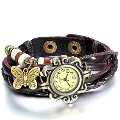 Image of JewelryWe women&#039;s watch, retro braided leather, bracelet bangle, with butterfly pendant, brown bronze