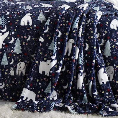Image of Fusion Navy Christmas Fleece Blanket (120 x 150cm) Cosy &amp; Soft Teddy Throw Polar Bear Blue for Bedding Decorations