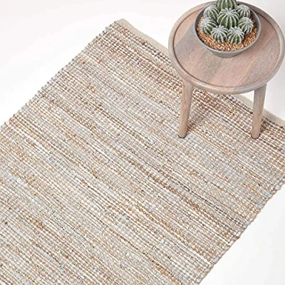 Image of HOMESCAPES Madras Leather Hemp Rug Natural Beige Grey 5 x 8 ft