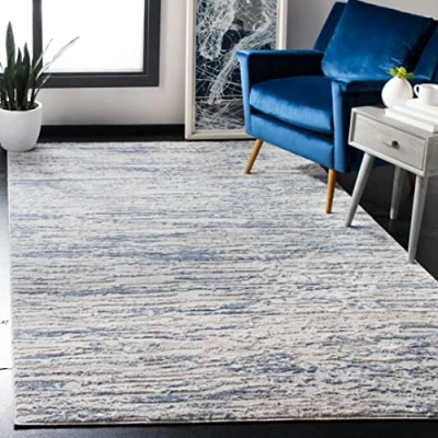 Image of SAFAVIEH Modern Abstract Rug for Living Room, Dining Bedroom Amelia Collection, Short Pile, in Ivory and Blue, 122 X 183 cm