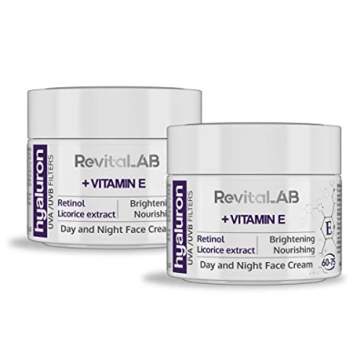 Image of RevitaLAB Hyaluron Anti Ageing Day and Night Cream, Enriched with Vitamin A (Retinol) E, Liquorice Root Extract, Hyaluronic Acid UV Filters, for Ages 60 75, 50 ml (Multipack)