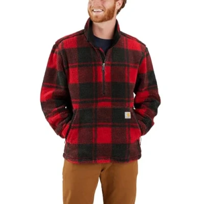 Image of Carhartt 106443 Rain Defender Loose Fit Heavyweight Quarter Zip Hooded Sweatshirt CRABAPPLE/BLACK PLAID XL