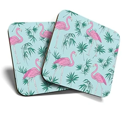 Image of 2 x MDF Glossy Top Coasters Square Pink Tropical Flamingo Pattern 13047