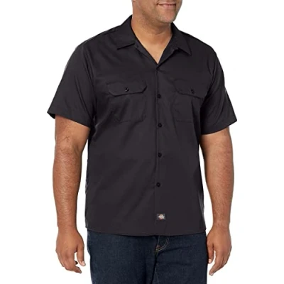 Image of Dickies Men&#039;s Short Sleeve Flex Work Shirt Slim Fit Button, Black V1, S