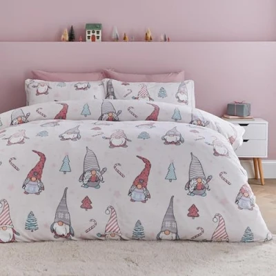 Image of Catherine Lansfield Christmas Festive Gnomes Cosy Fleece King Duvet Cover Set with Pillowcases Pink